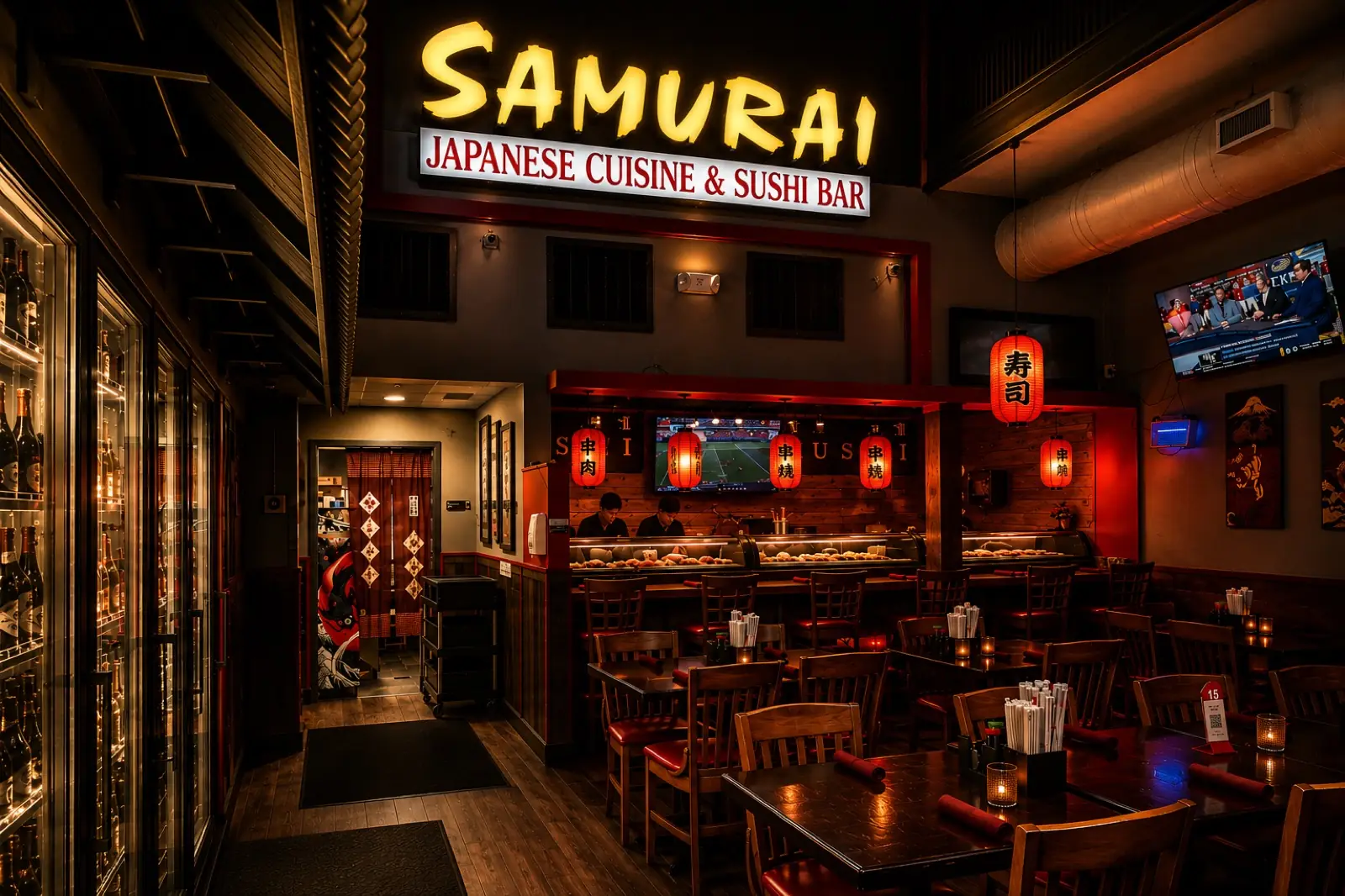 The Samurai sushi bar glowing under the red lanterns